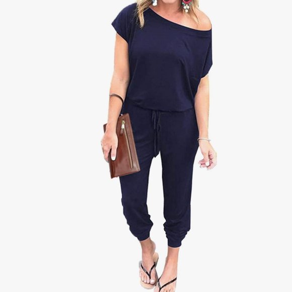 Amazon Pants - Navy Loose Solid Off Shoulder Elastic Waist Stretchy Long Romper Jumpsuit